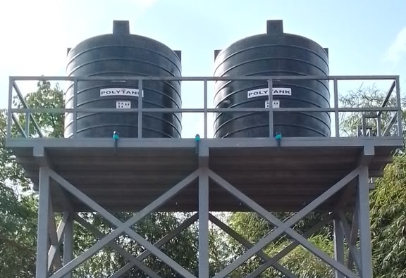 Elevated twin water storage tanks