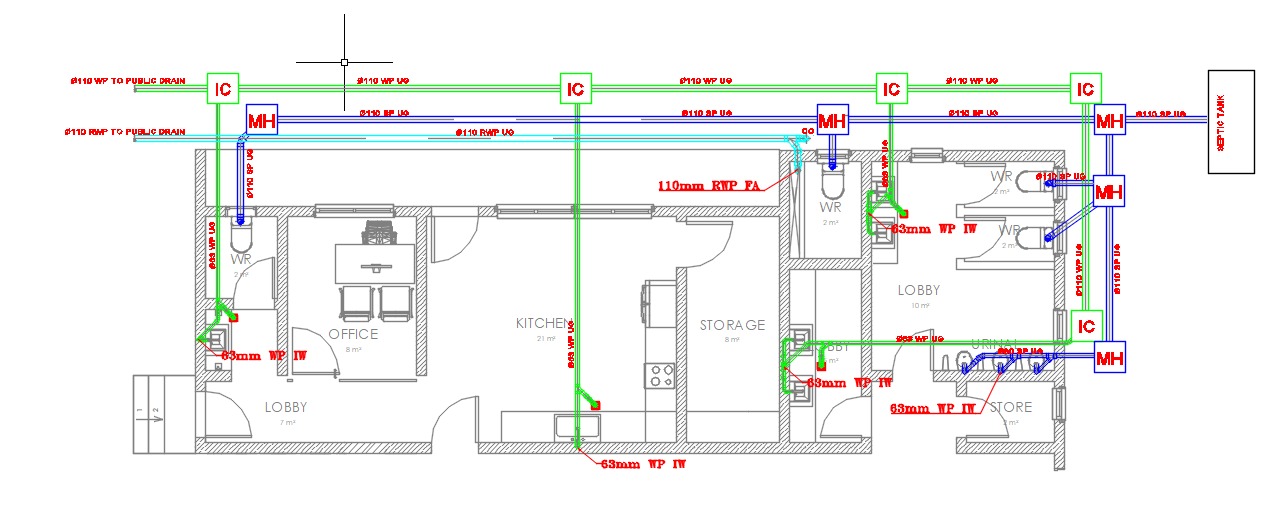 Plumbing drainage design drawing showing waste soil rainwater to septic tank